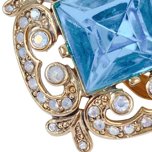 Vintage Signed Joan Rivers Gold Tone Aqua Glass AB Filigree Clip-On Earrings - Picture 8 of 13